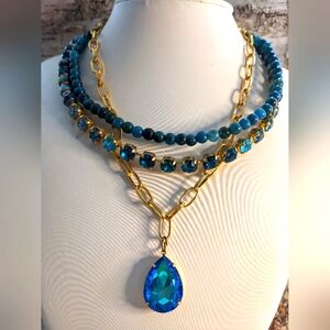 Layered Blue Necklace Three Strand Swarovski Crystal, Blue Apatite Czech Glass